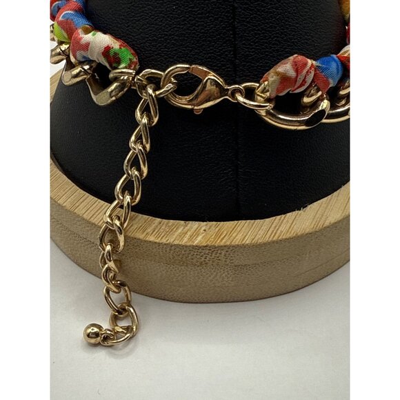 Colorful Fabric-Wrapped Gold Chain Bracelet With Lobster Clasp & Adjustable Fit - Picture 4 of 6